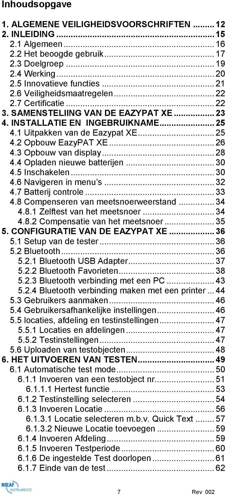 3 Opbouw van display... 28 4.4 Opladen nieuwe batterijen... 30 4.5 Inschakelen... 30 4.6 Navigeren in menu s... 32 4.7 Batterij controle... 33 4.8 Compenseren van meetsnoerweerstand... 34 4.8.1 Zelftest van het meetsnoer.