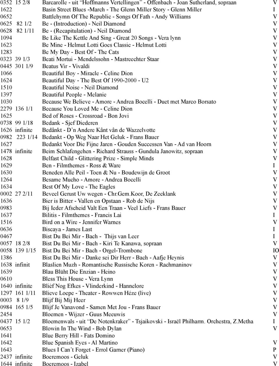 1623 Be Mine - Helmut Lotti Goes Classic - Helmut Lotti V 1283 Be My Day - Best Of - The Cats V 0323 39 1/3 Beati Mortui - Mendelssohn - Mastreechter Staar V 0445 301 1/9 Beatus Vir - Vivaldi V 1066