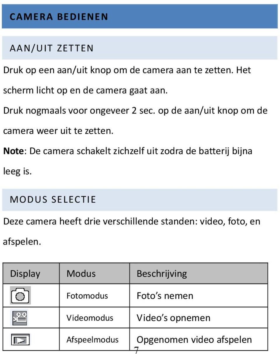 op de aan/uit knop om de camera weer uit te zetten. Note: De camera schakelt zichzelf uit zodra de batterij bijna leeg is.