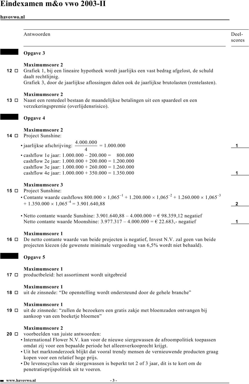 13 Naast een rentedeel bestaan de maandelijkse betalingen uit een spaardeel en een verzekeringspremie (overlijdensrisico). Opgave 4 14 Project Sunshine: jaarlijkse afschrijving: 4.000.