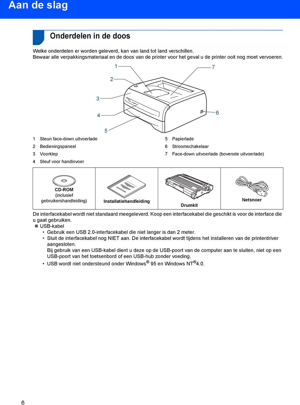 1 7 2 3 4 6 5 1 Steun face-down uitvoerlade 2 Bedieningspaneel 3 Voorklep 4 Sleuf voor handinvoer 5 Papierlade 6 Stroomschakelaar 7 Face-down uitvoerlade (bovenste uitvoerlade) CD-ROM (inclusief