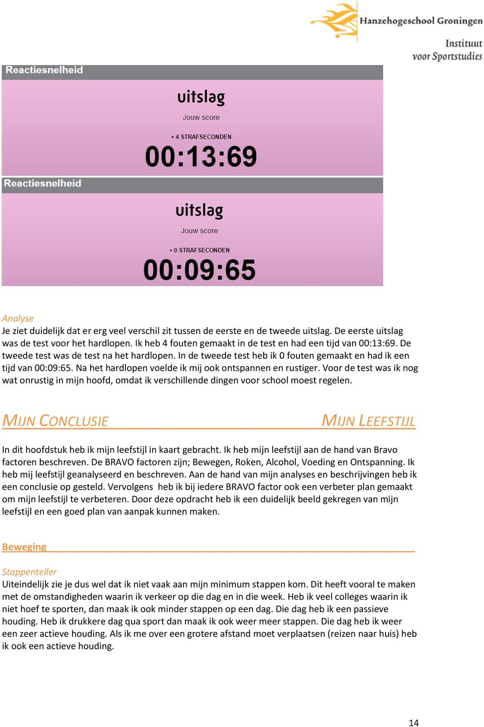 Na het hardlopen voelde ik mij ook ontspannen en rustiger. Voor de test was ik nog wat onrustig in mijn hoofd, omdat ik verschillende dingen voor school moest regelen.