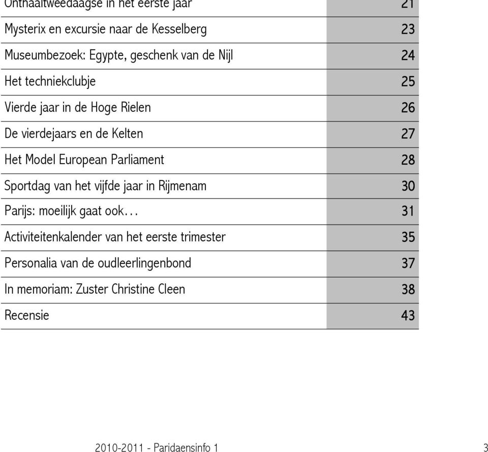 Parliament 28 Sportdag van het vijfde jaar in Rijmenam 30 Parijs: moeilijk gaat ook 31 Activiteitenkalender van het eerste