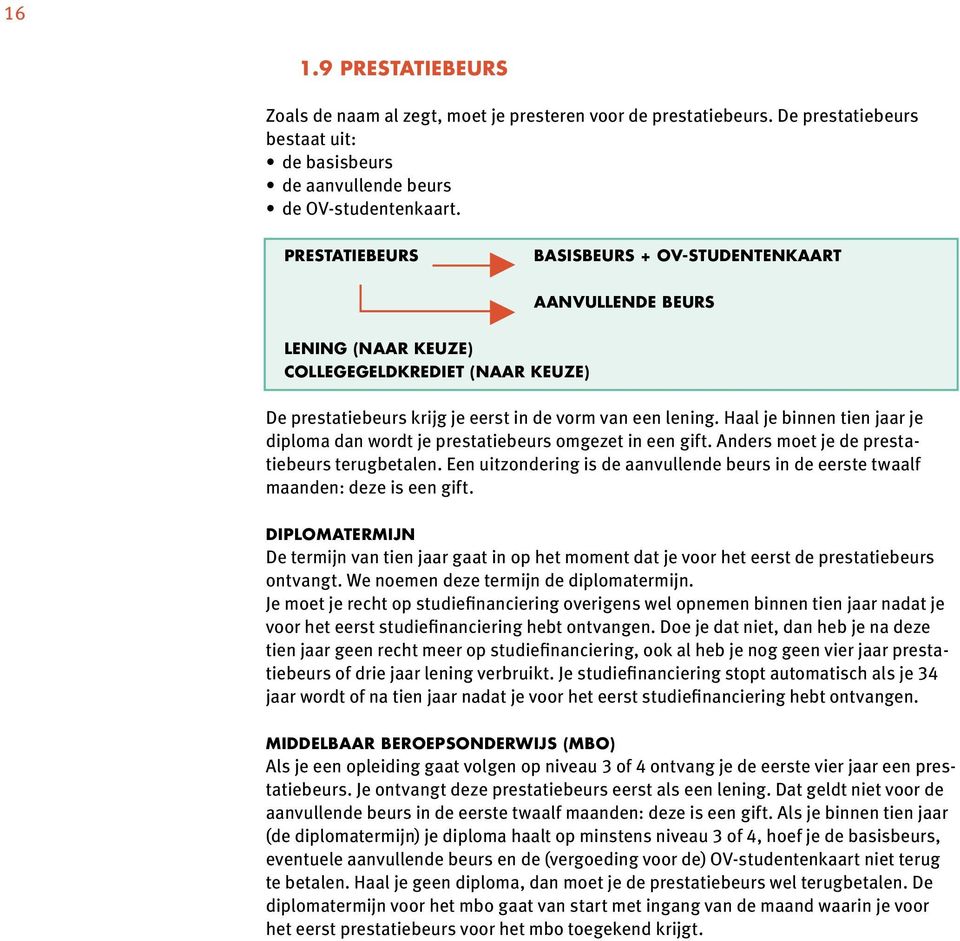 Haal je binnen tien jaar je diploma dan wordt je prestatiebeurs omgezet in een gift. Anders moet je de prestatiebeurs terugbetalen.