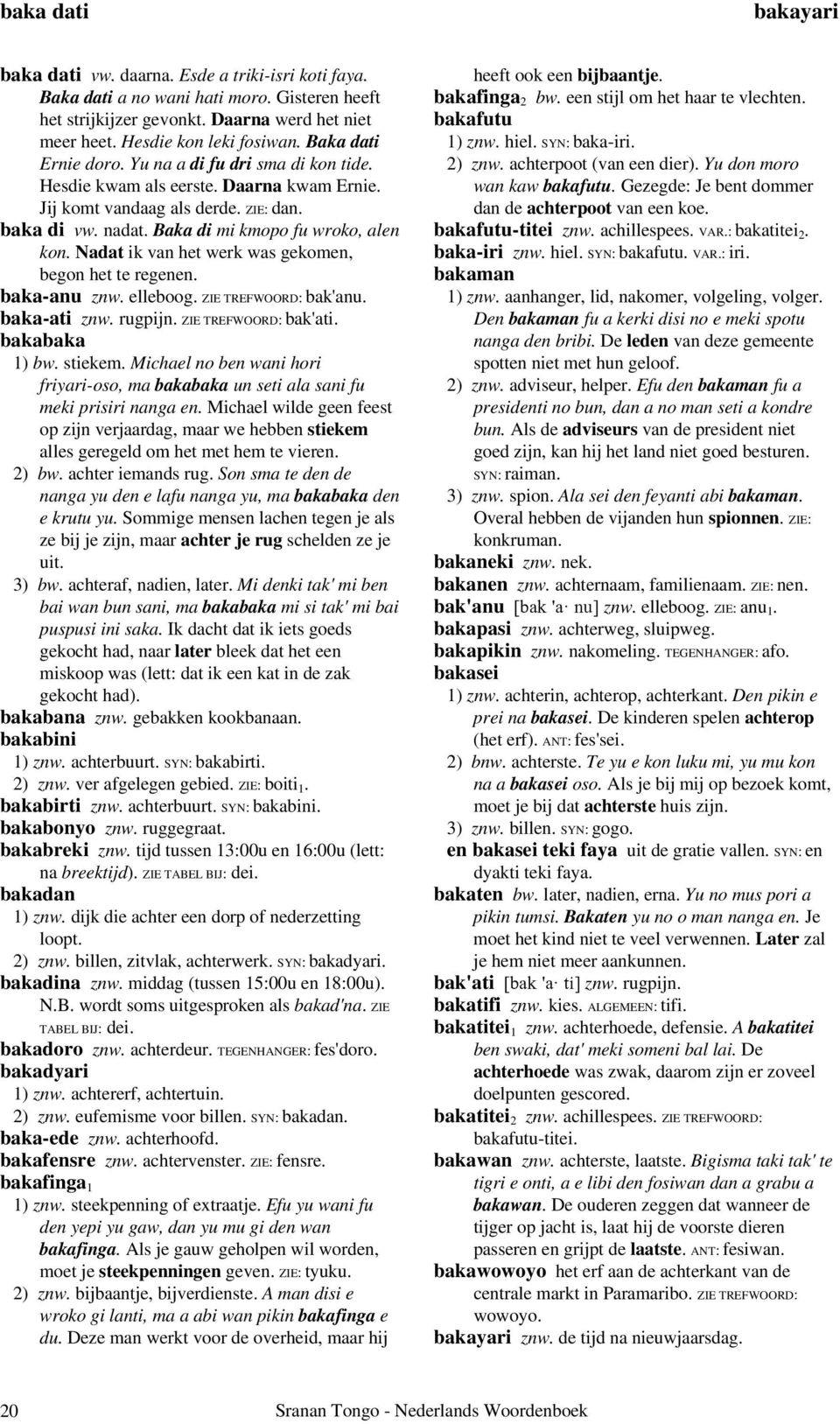 Nadat ik van het werk was gekomen, begon het te regenen. baka-anu znw. elleboog. ZIE TREFWOORD: bak'anu. baka-ati znw. rugpijn. ZIE TREFWOORD: bak'ati. bakabaka 1) bw. stiekem.