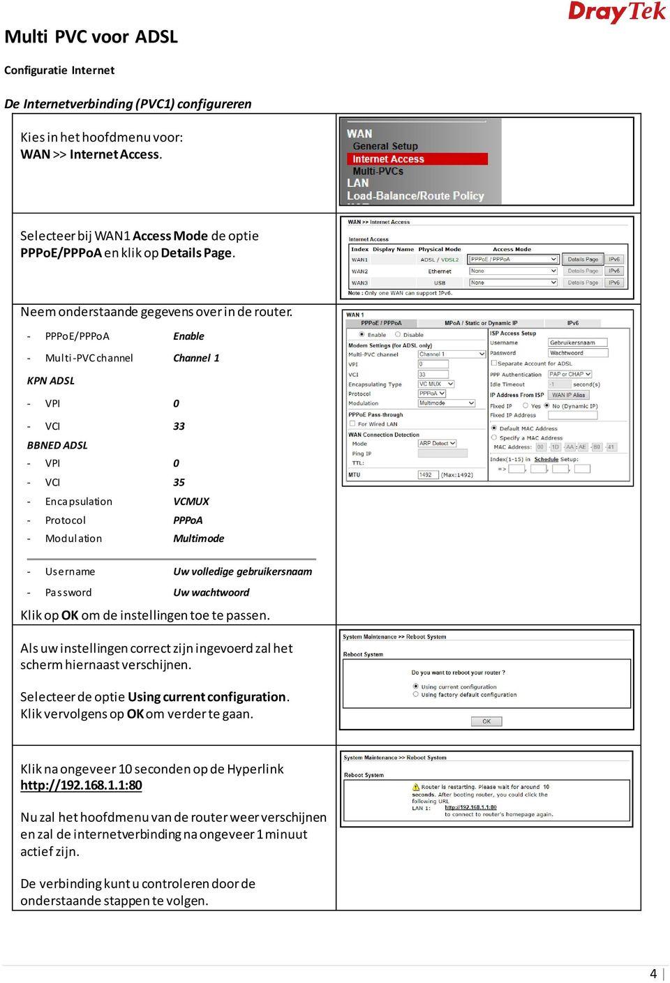 - PPPoE/PPPoA Enable - Multi-PVC channel Channel 1 KPN ADSL - VPI 0 - VCI 33 BBNED ADSL - VPI 0 - VCI 35 - Encapsulation VCMUX - Protocol PPPoA - Modulation Multimode - Username Uw volledige