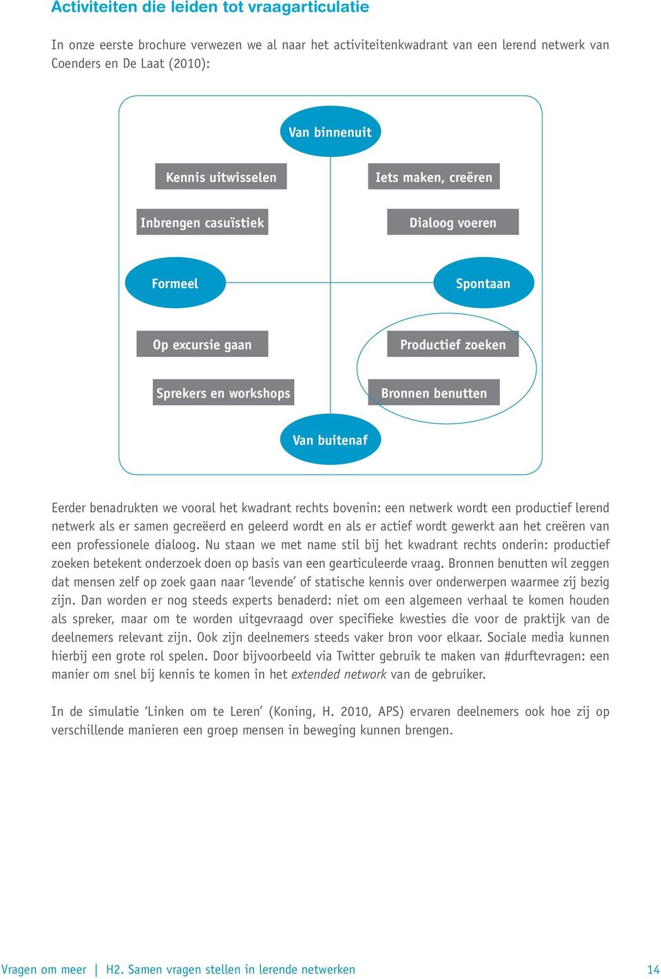 vooral het kwadrant rechts bovenin: een netwerk wordt een productief lerend netwerk als er samen gecreëerd en geleerd wordt en als er actief wordt gewerkt aan het creëren van een professionele