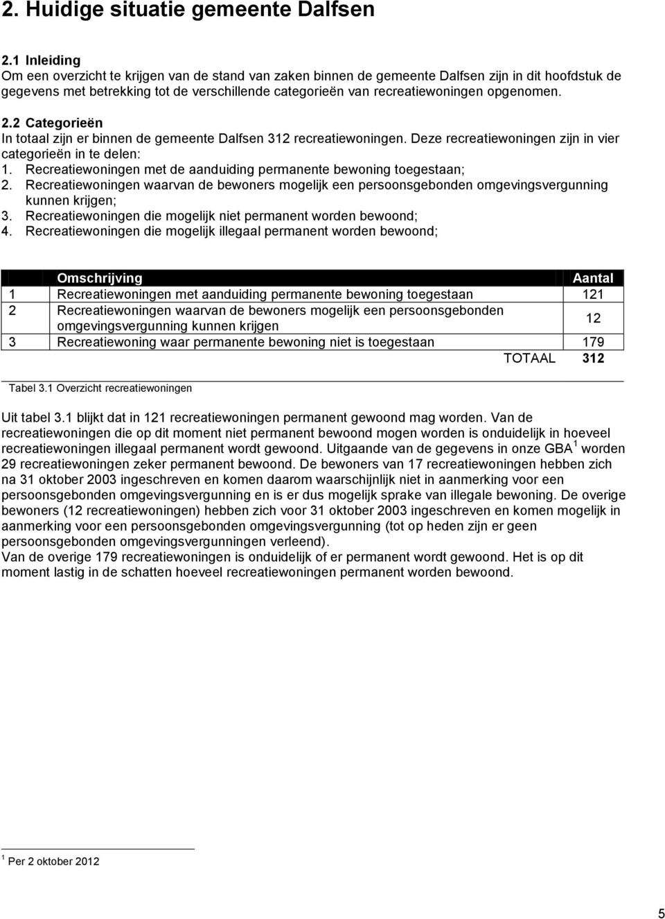 opgenomen. 2.2 Categorieën In totaal zijn er binnen de gemeente Dalfsen 312 recreatiewoningen. Deze recreatiewoningen zijn in vier categorieën in te delen: 1.