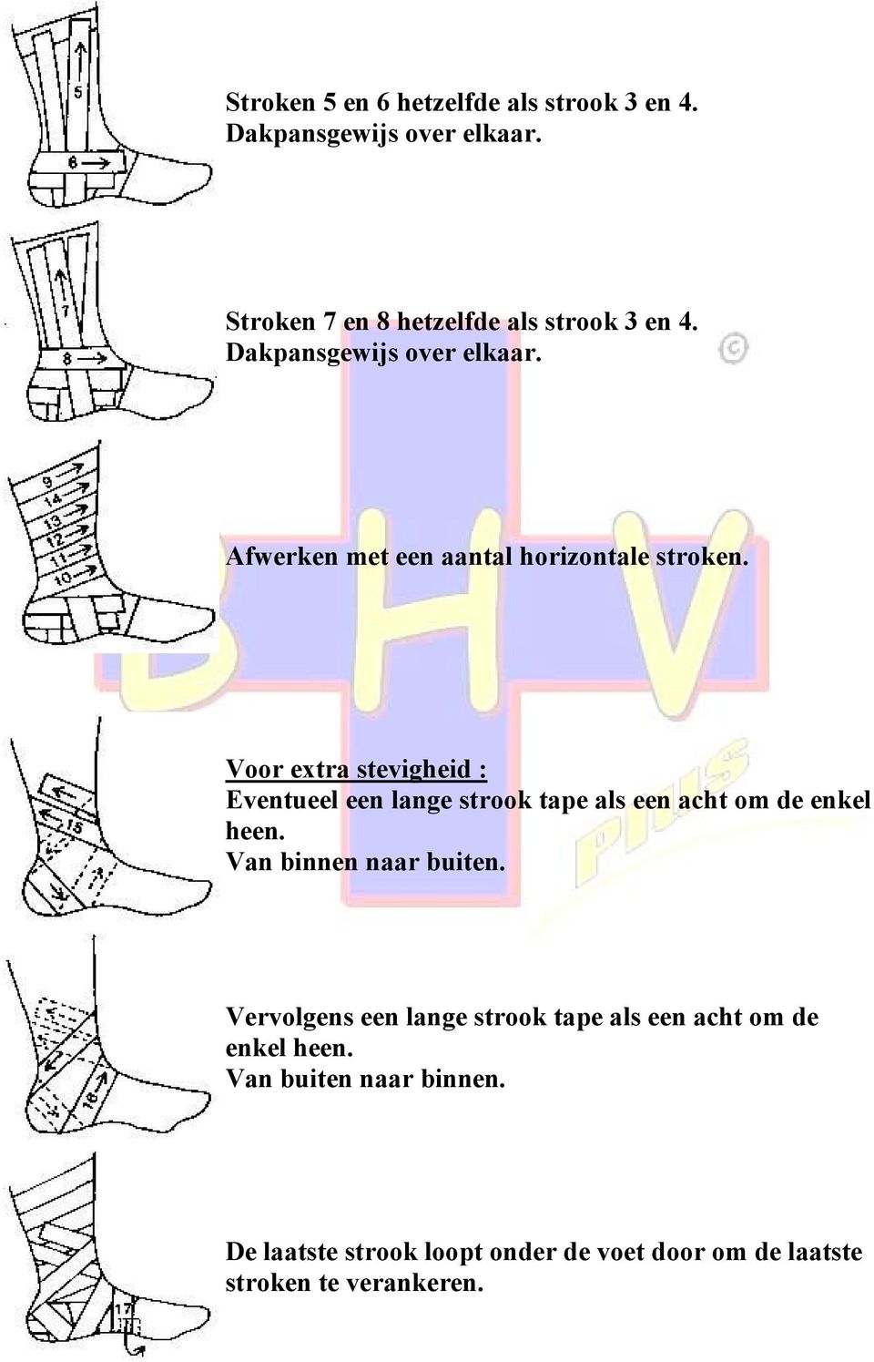 Voor extra stevigheid : Eventueel een lange strook tape als een acht om de enkel heen. Van binnen naar buiten.