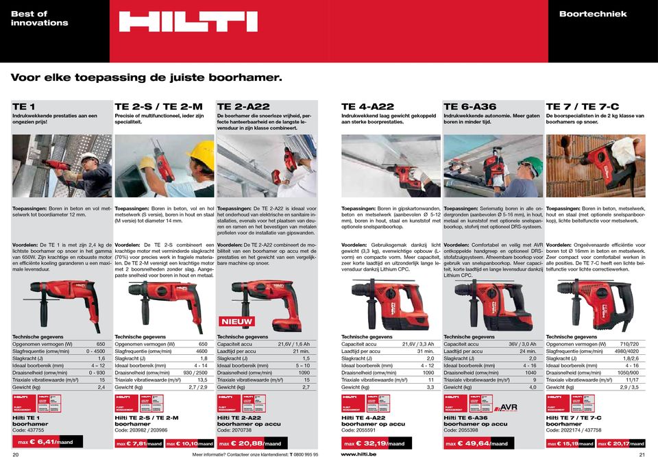 TE 6-A36 Indrukwekkende autonomie. Meer gaten boren in minder tijd. TE 7 / TE 7-C De boorspecialisten in de 2 kg klasse van boorhamers op snoer.