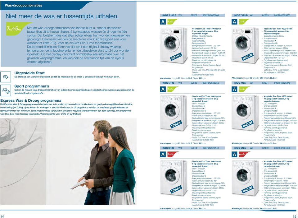 ogen in één cyclus. Dat betekent dus dat alles achter elkaar kan wor den gewassen en gedroogd. Daarnaast kunnen de machines ook 6 kg wasgoed aan voor wassen tot zelfs 7 kg.