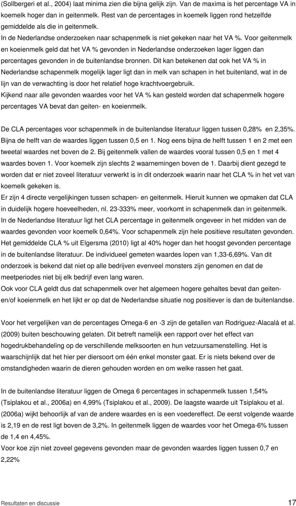 Voor geitenmelk en koeienmelk geld dat het VA % gevonden in Nederlandse onderzoeken lager liggen dan percentages gevonden in de buitenlandse bronnen.