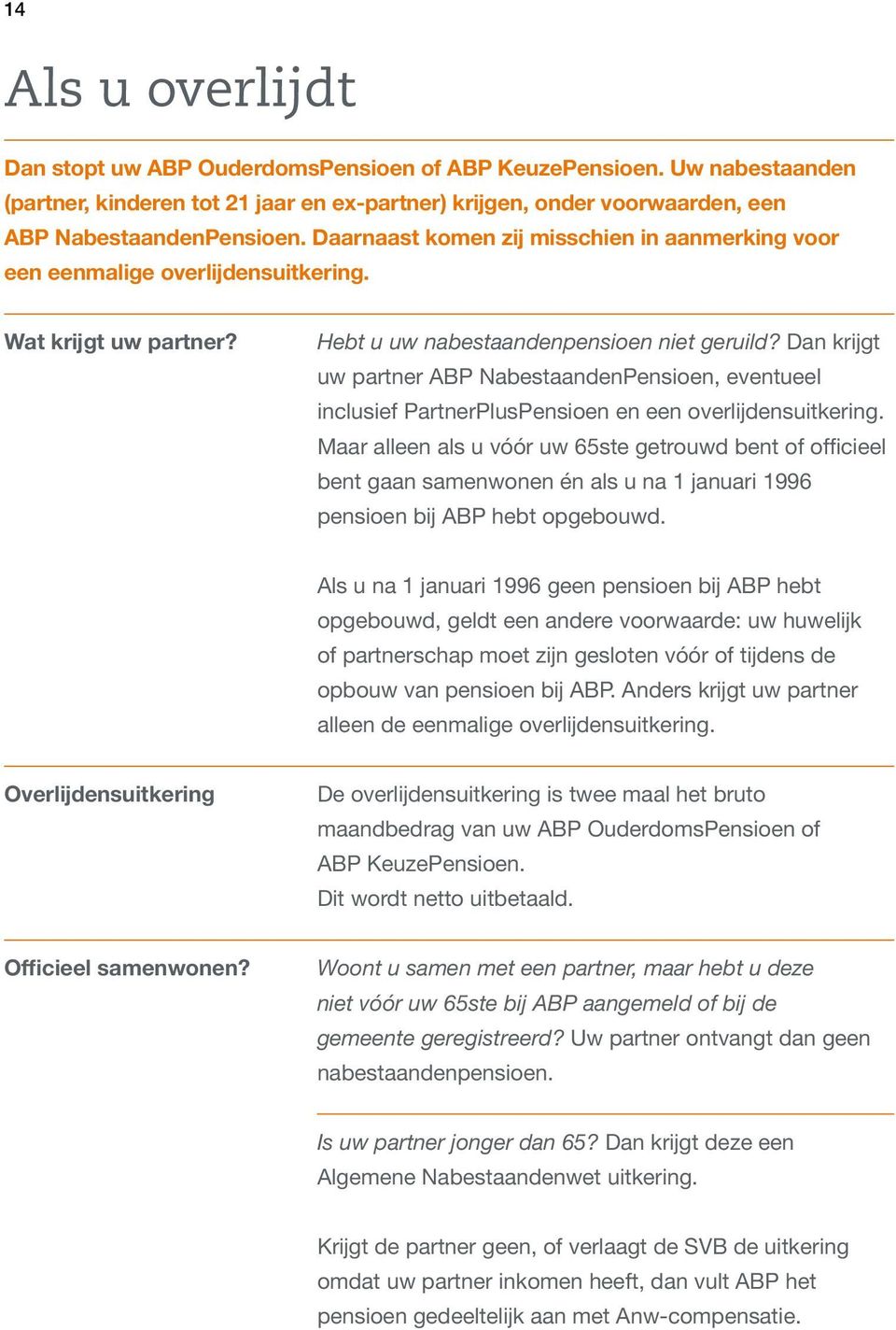 Dan krijgt uw partner ABP NabestaandenPensioen, eventueel inclusief PartnerPlusPensioen en een overlijdensuitkering.