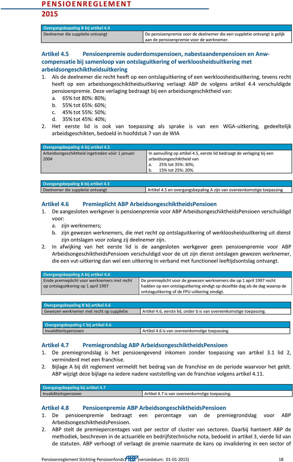 Als de deelnemer die recht heeft op een ontslaguitkering of een werkloosheidsuitkering, tevens recht heeft op een arbeidsongeschiktheidsuitkering verlaagt ABP de volgens artikel 4.