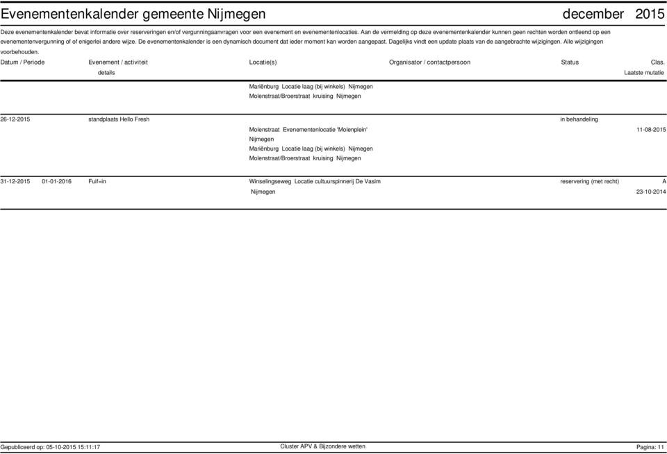 De evenementenkalender is een dynamisch document dat ieder moment kan worden aangepast. Dagelijks vindt een update plaats van de aangebrachte wijzigingen.