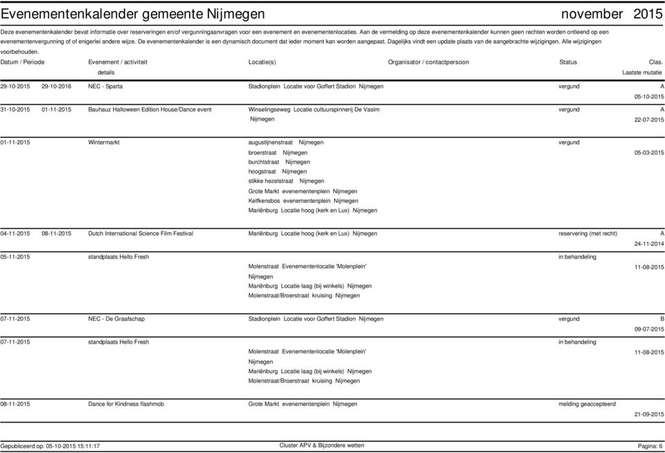 De evenementenkalender is een dynamisch document dat ieder moment kan worden aangepast. Dagelijks vindt een update plaats van de aangebrachte wijzigingen.