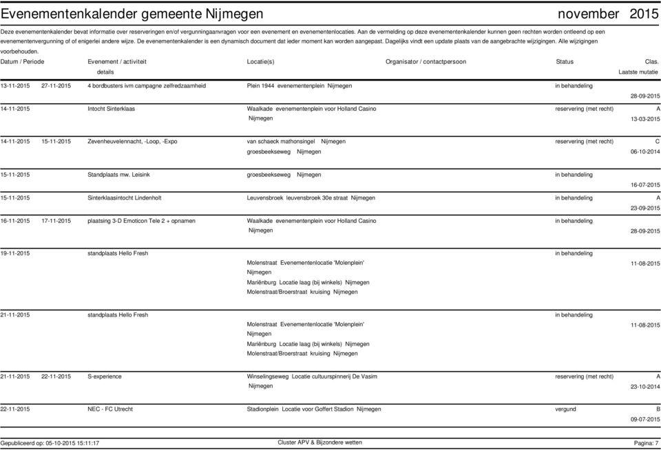 De evenementenkalender is een dynamisch document dat ieder moment kan worden aangepast. Dagelijks vindt een update plaats van de aangebrachte wijzigingen.