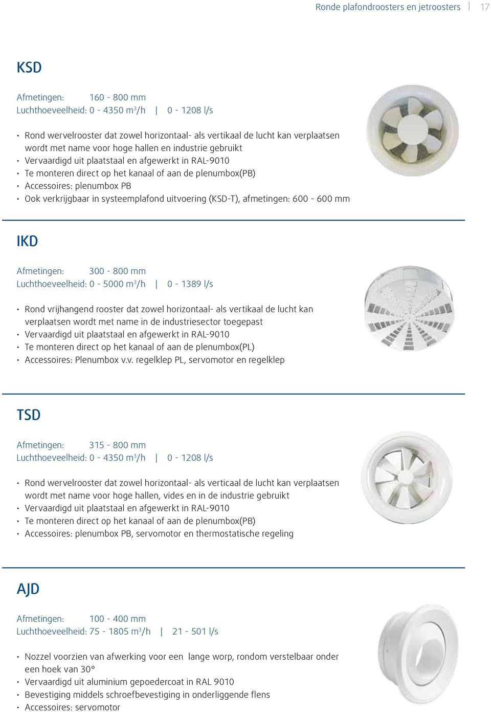 systeemplafond uitvoering (KSD-T), afmetingen: 600-600 mm IKD 300-800 mm Luchthoeveelheid: 0-5000 m 3 /h 0-1389 l/s Rond vrijhangend rooster dat zowel horizontaal- als vertikaal de lucht kan