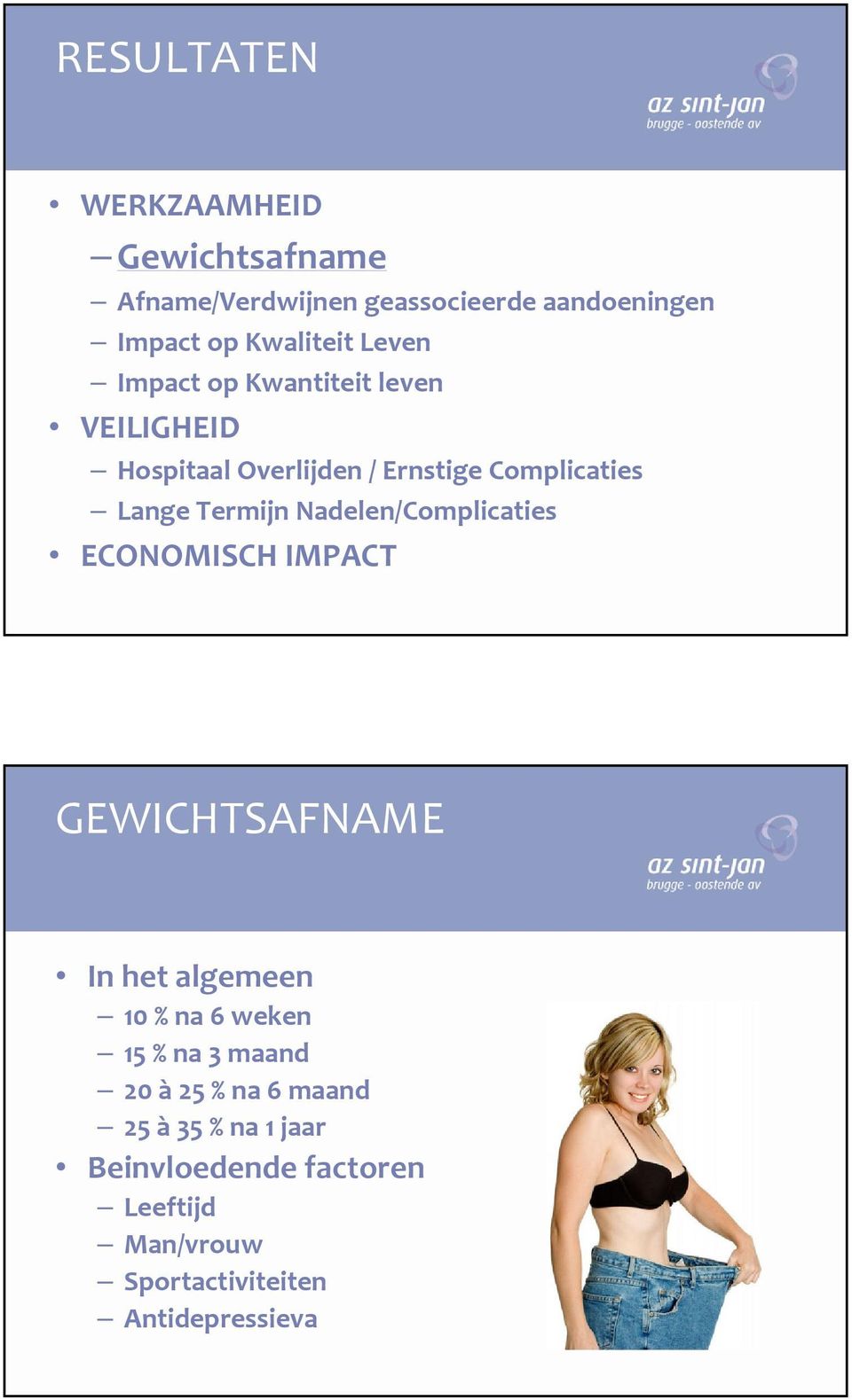 Nadelen/Complicaties ECONOMISCH IMPACT GEWICHTSAFNAME In het algemeen 10 % na 6 weken 15 % na 3 maand 20