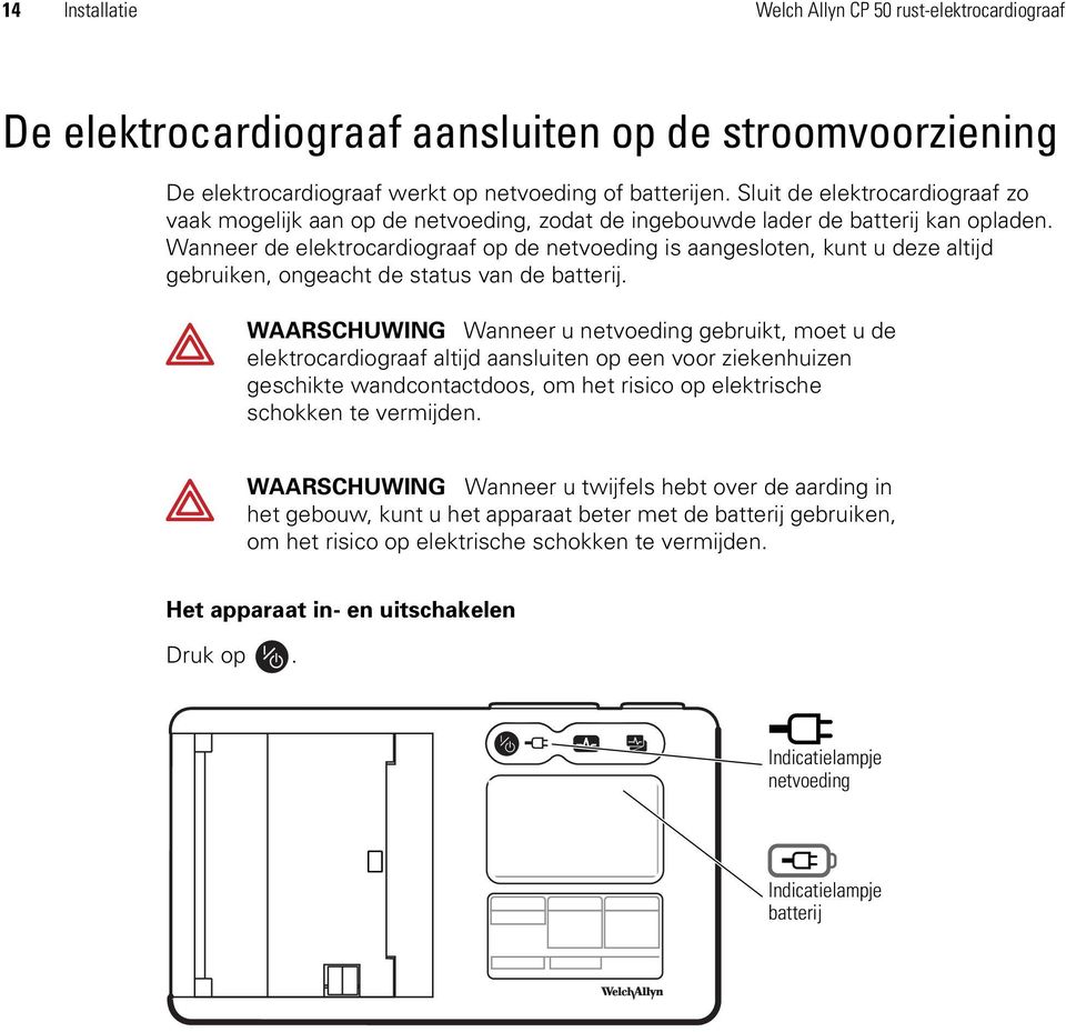 Wanneer de elektrocardiograaf op de netvoeding is aangesloten, kunt u deze altijd gebruiken, ongeacht de status van de batterij.