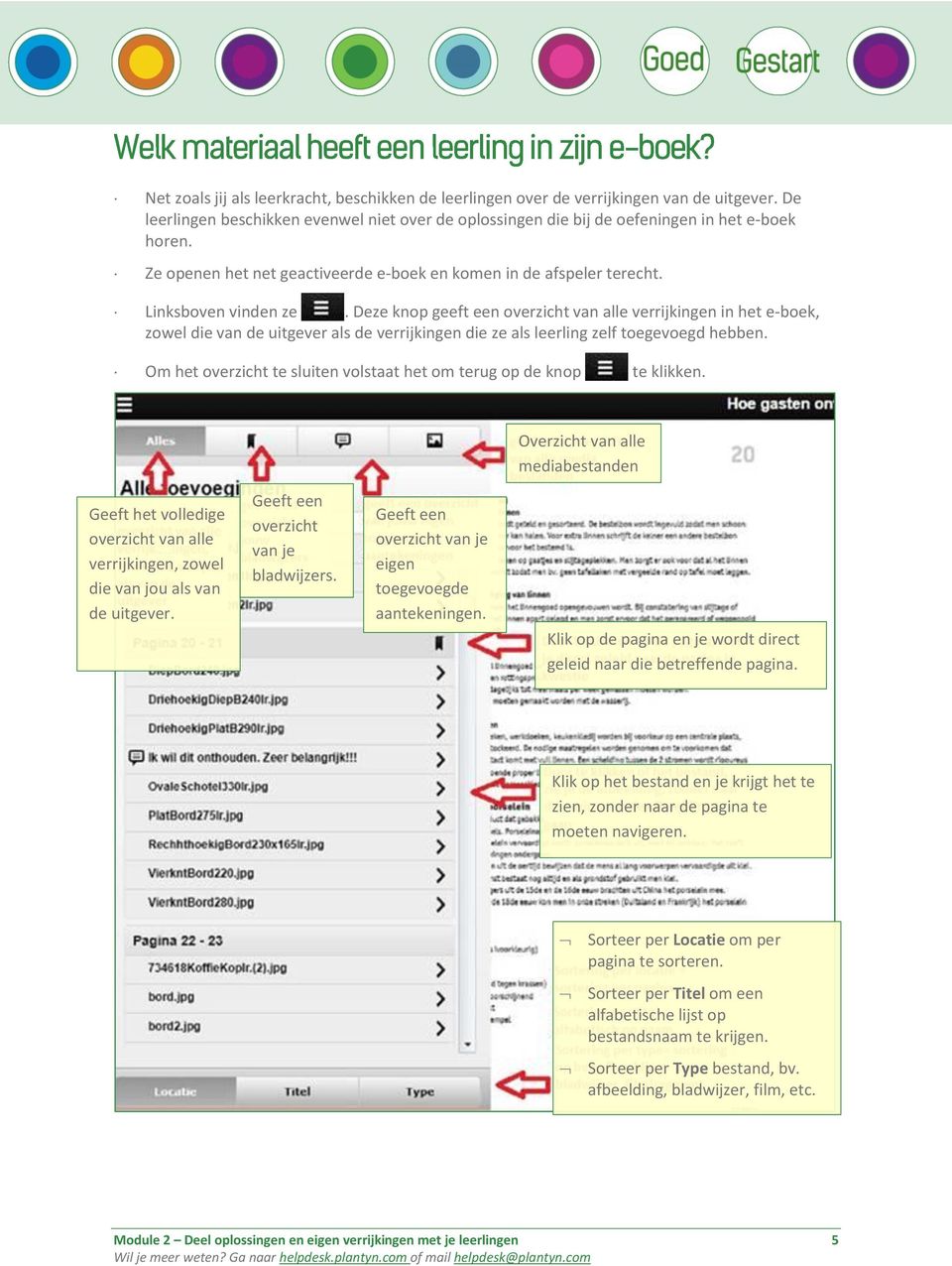 Deze knop geeft een overzicht van alle verrijkingen in het e-boek, zowel die van de uitgever als de verrijkingen die ze als leerling zelf toegevoegd hebben.