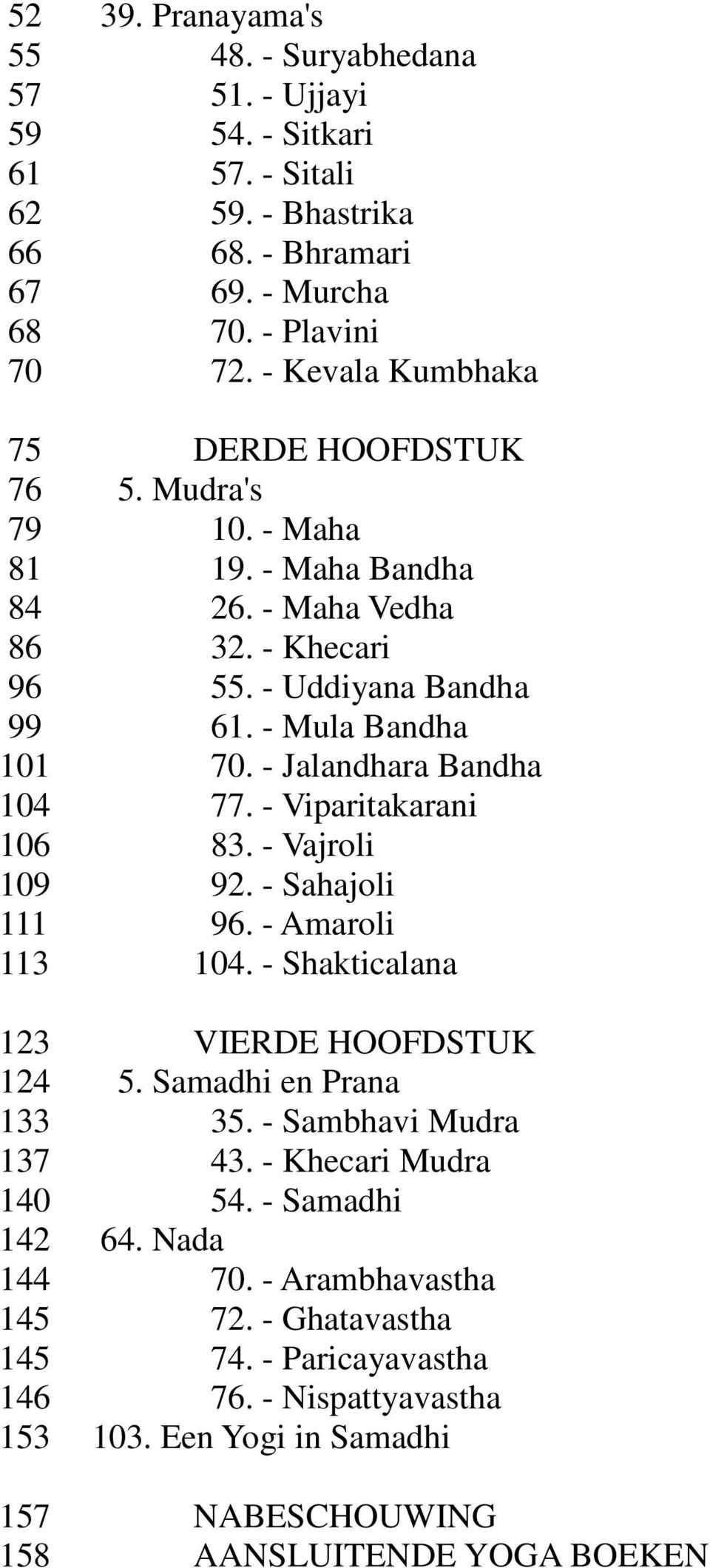 - Jalandhara Bandha 104 77. - Viparitakarani 106 83. - Vajroli 109 92. - Sahajoli 111 96. - Amaroli 113 104. - Shakticalana 123 VIERDE HOOFDSTUK 124 5. Samadhi en Prana 133 35.