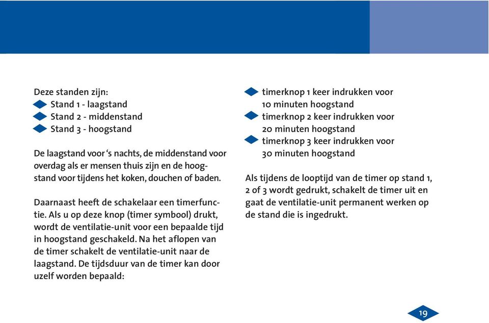 Na het aflopen van de timer schakelt de ventilatie-unit naar de laagstand.