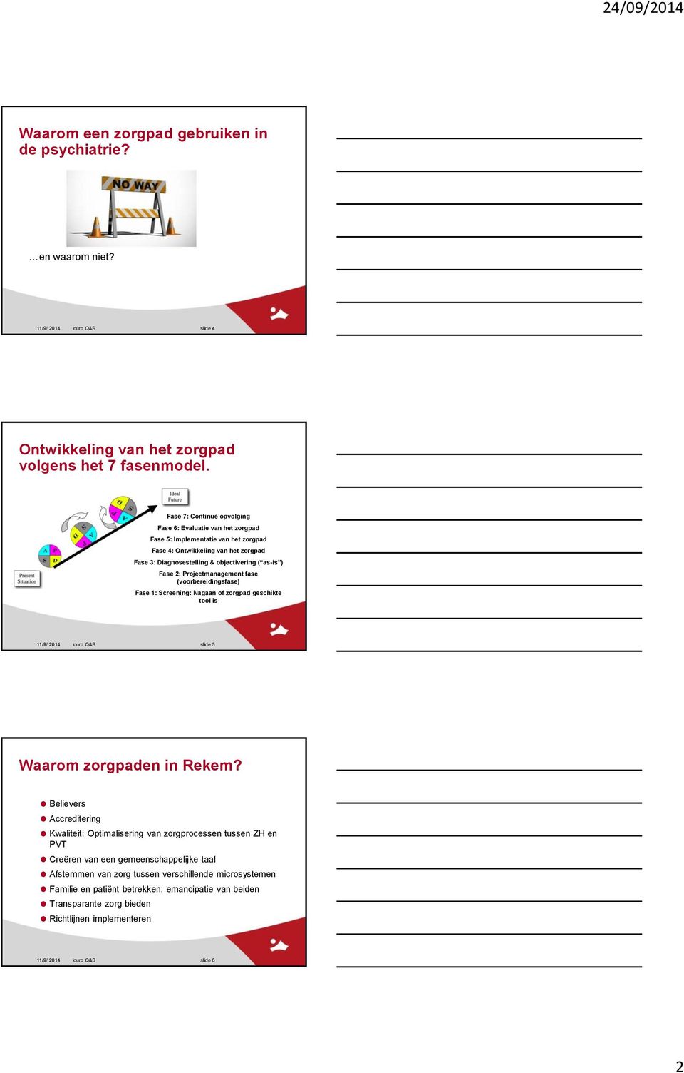 Projectmanagement fase (voorbereidingsfase) Fase 1: Screening: Nagaan of zorgpad geschikte tool is 11/9/ 2014 Icuro Q&S slide 5 Waarom zorgpaden in Rekem?