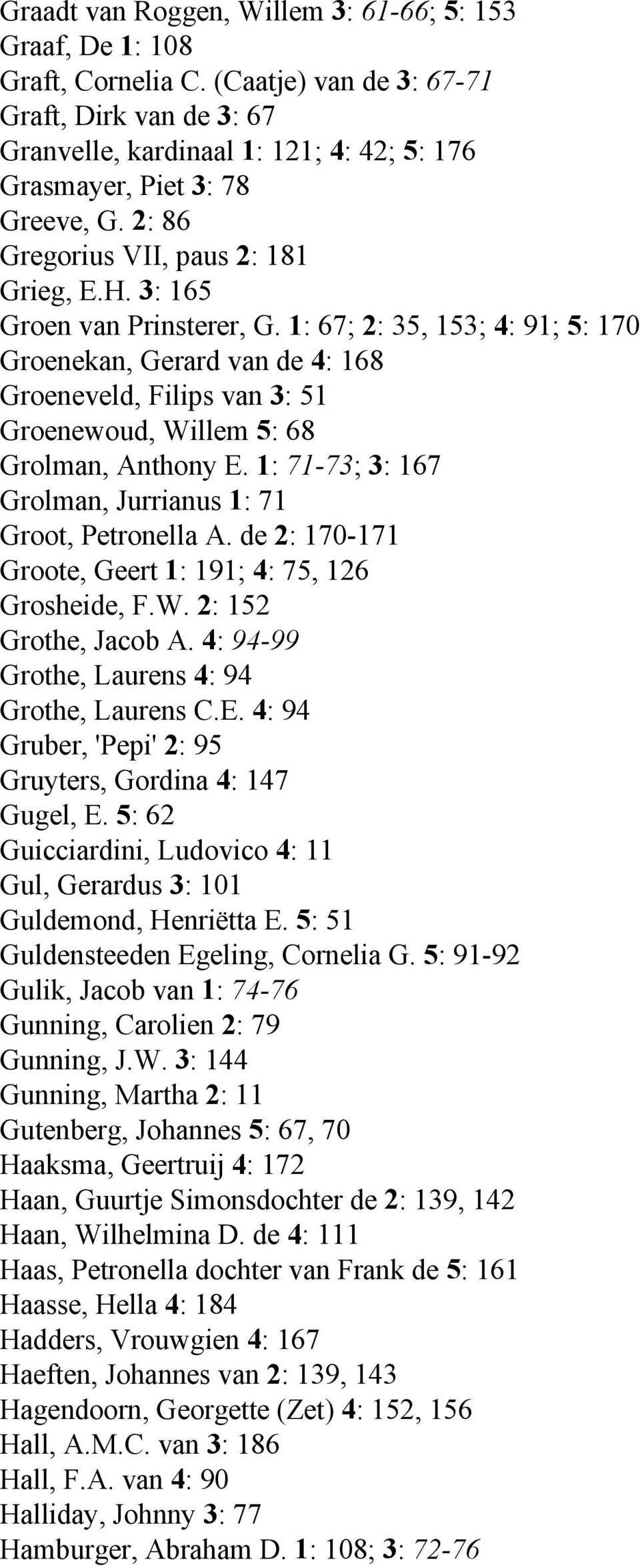 3: 165 Groen van Prinsterer, G. 1: 67; 2: 35, 153; 4: 91; 5: 170 Groenekan, Gerard van de 4: 168 Groeneveld, Filips van 3: 51 Groenewoud, Willem 5: 68 Grolman, Anthony E.