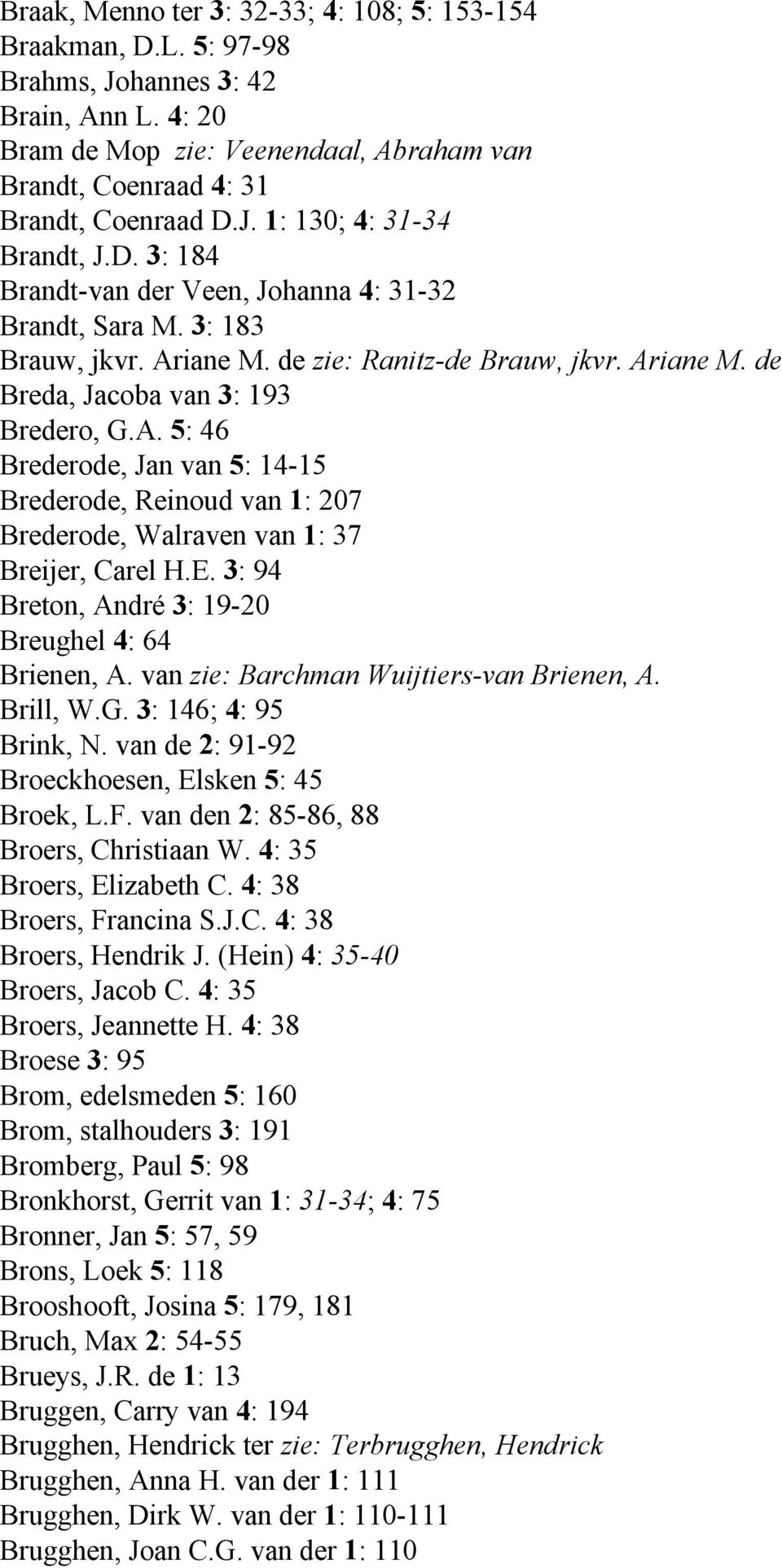 E. 3: 94 Breton, André 3: 19-20 Breughel 4: 64 Brienen, A. van zie: Barchman Wuijtiers-van Brienen, A. Brill, W.G. 3: 146; 4: 95 Brink, N. van de 2: 91-92 Broeckhoesen, Elsken 5: 45 Broek, L.F.