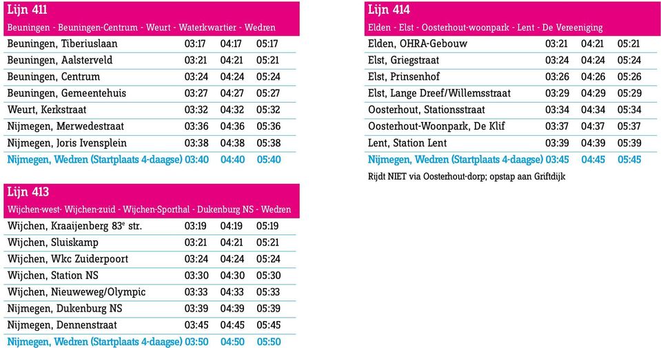 4-daagse) 03:40 04:40 05:40 Lijn 413 Wijchen-west- Wijchen-zuid - Wijchen-Sporthal - Dukenburg NS - Wedren Wijchen, Kraaijenberg 83 e str.