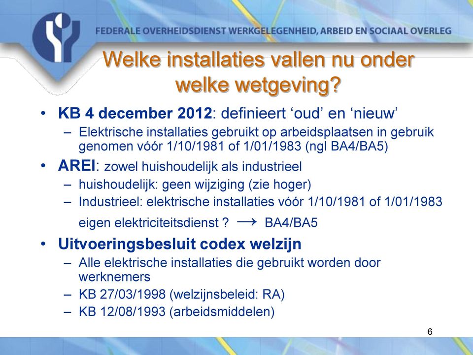 1/01/1983 (ngl BA4/BA5) AREI: zowel huishoudelijk als industrieel huishoudelijk: geen wijziging (zie hoger) Industrieel: elektrische