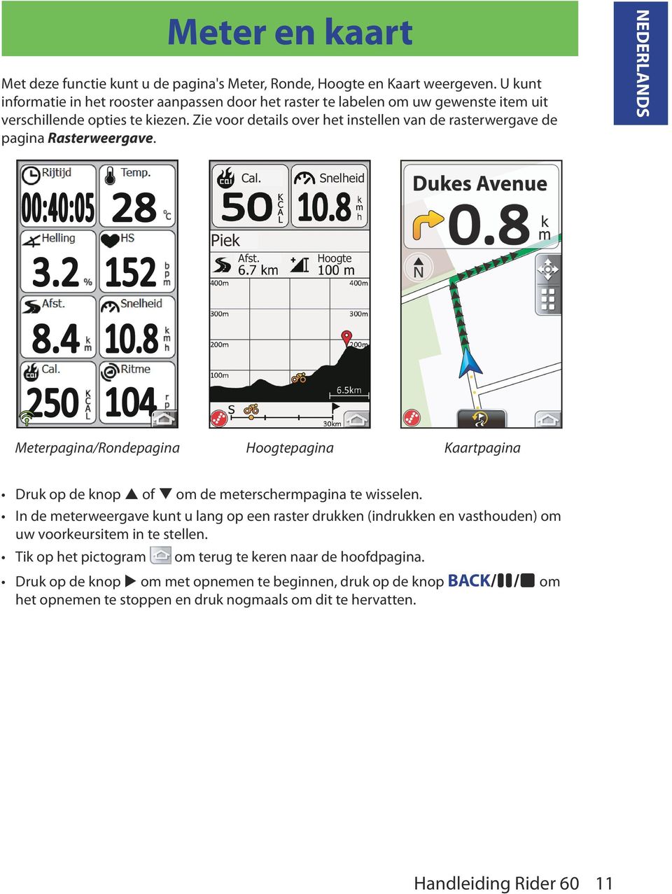 Zie voor details over het instellen van de rasterwergave de pagina Rasterweergave. NEDERLANDS Cal. Snelheid Piek Afst.