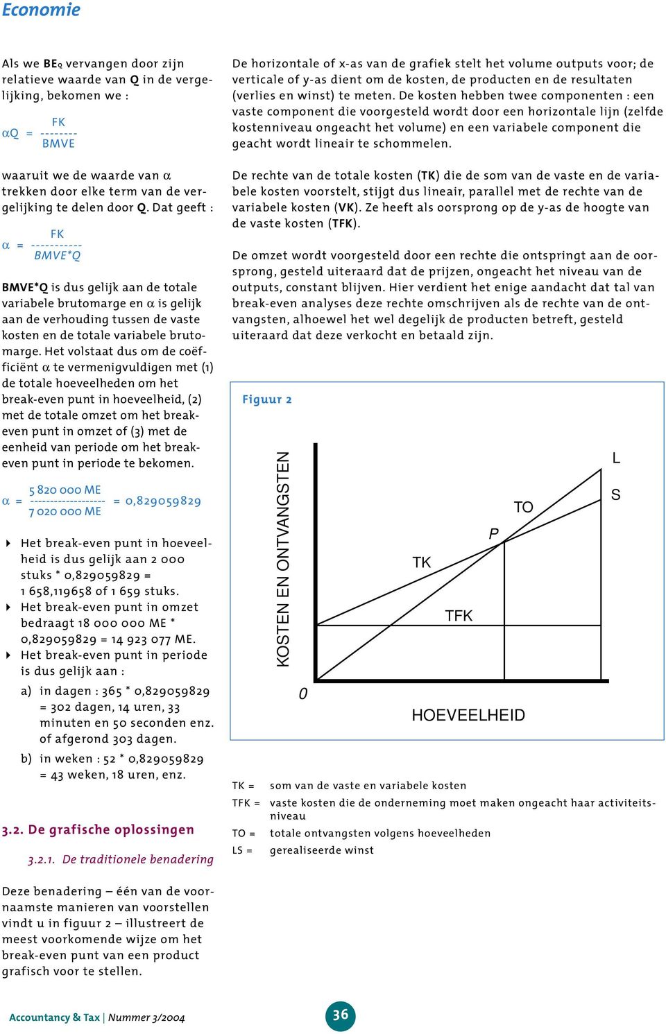 Het volstaat dus om de coëfficiënt α te vermenigvuldigen met (1) de totale hoeveelheden om het break-even punt in hoeveelheid, (2) met de totale omzet om het breakeven punt in omzet of (3) met de