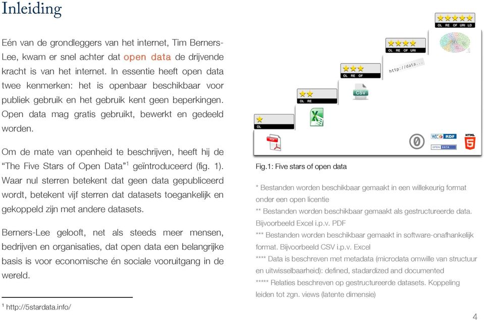 Om de mate van openheid te beschrijven, heeft hij de The Five Stars of Open Data 1 geïntroduceerd (fig. 1).