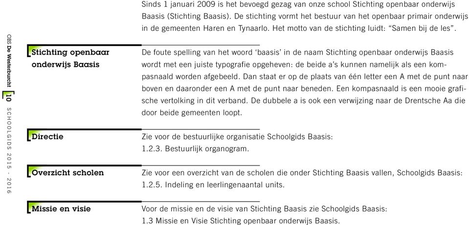 De foute spelling van het woord baasis in de naam Stichting openbaar onderwijs Baasis wordt met een juiste typografie opgeheven: de beide a s kunnen namelijk als een kompasnaald worden afgebeeld.