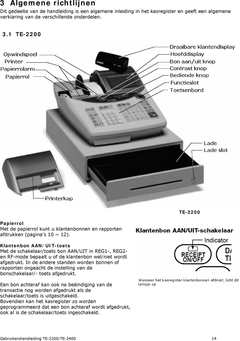 Klantenbon AAN/UIT-toets Met de schakelaar/toets bon AAN/UIT in REG1-, REG2- en RF-mode bepaalt u of de klantenbon wel/niet wordt afgedrukt.