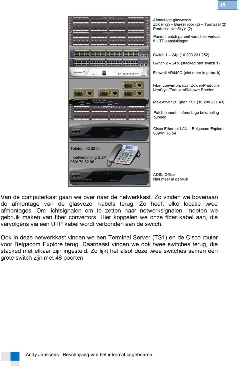 43) Patch paneel afmontage bekabeling burelen Cisco Ethernet LAN Belgacom Explore 089/41 78 54 Telefoon IDS250 Inbelverbinding SDP 089/ 79 82 96 ADSL Office Niet meer in gebruik Van de computerkast