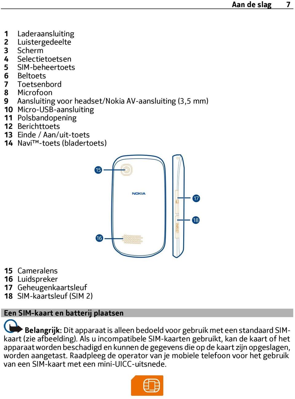 SIM-kaart en batterij plaatsen Belangrijk: Dit apparaat is alleen bedoeld voor gebruik met een standaard SIMkaart (zie afbeelding).