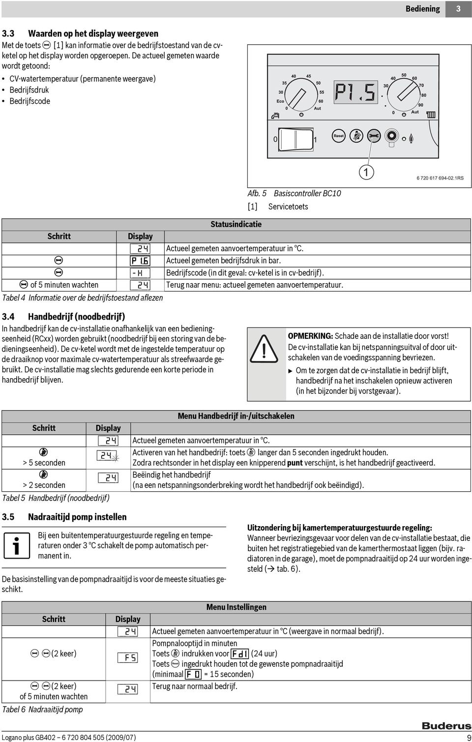 5 Basiscontroller BC10 [1] Servicetoets Statusindicatie Schritt Display [\/2/4 Actueel gemeten aanvoertemperatuur in C. e [p/1.6 Actueel gemeten bedrijfsdruk in bar.