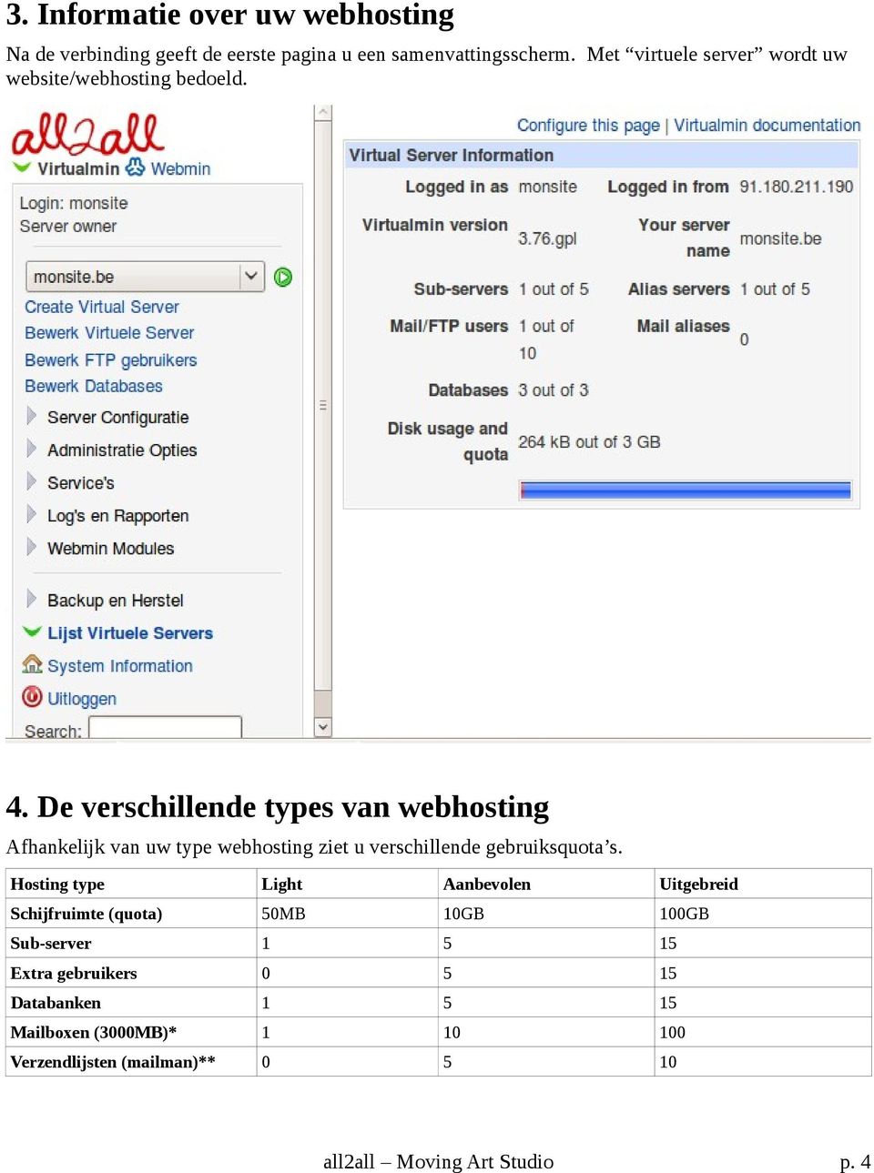 De verschillende types van webhosting Afhankelijk van uw type webhosting ziet u verschillende gebruiksquota s.