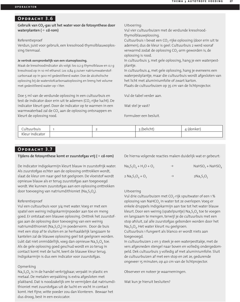 Je vertrok oorspronkelijk van een stamoplossing. Maak de kresolroodindicator als volgt: los 0,2 g thymolblauw en 0,1 g kresolrood op in 10 ml ethanol.