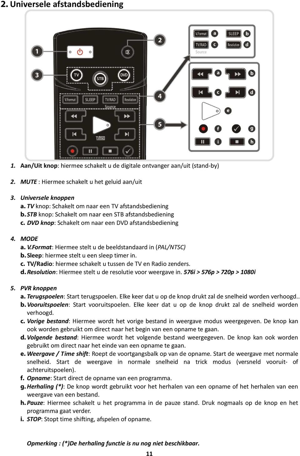 Format: Hiermee stelt u de beeldstandaard in (PAL/NTSC) b. Sleep: hiermee stelt u een sleep timer in. c. TV/Radio: hiermee schakelt u tussen de TV en Radio zenders. d. Resolution: Hiermee stelt u de resolutie voor weergave in.