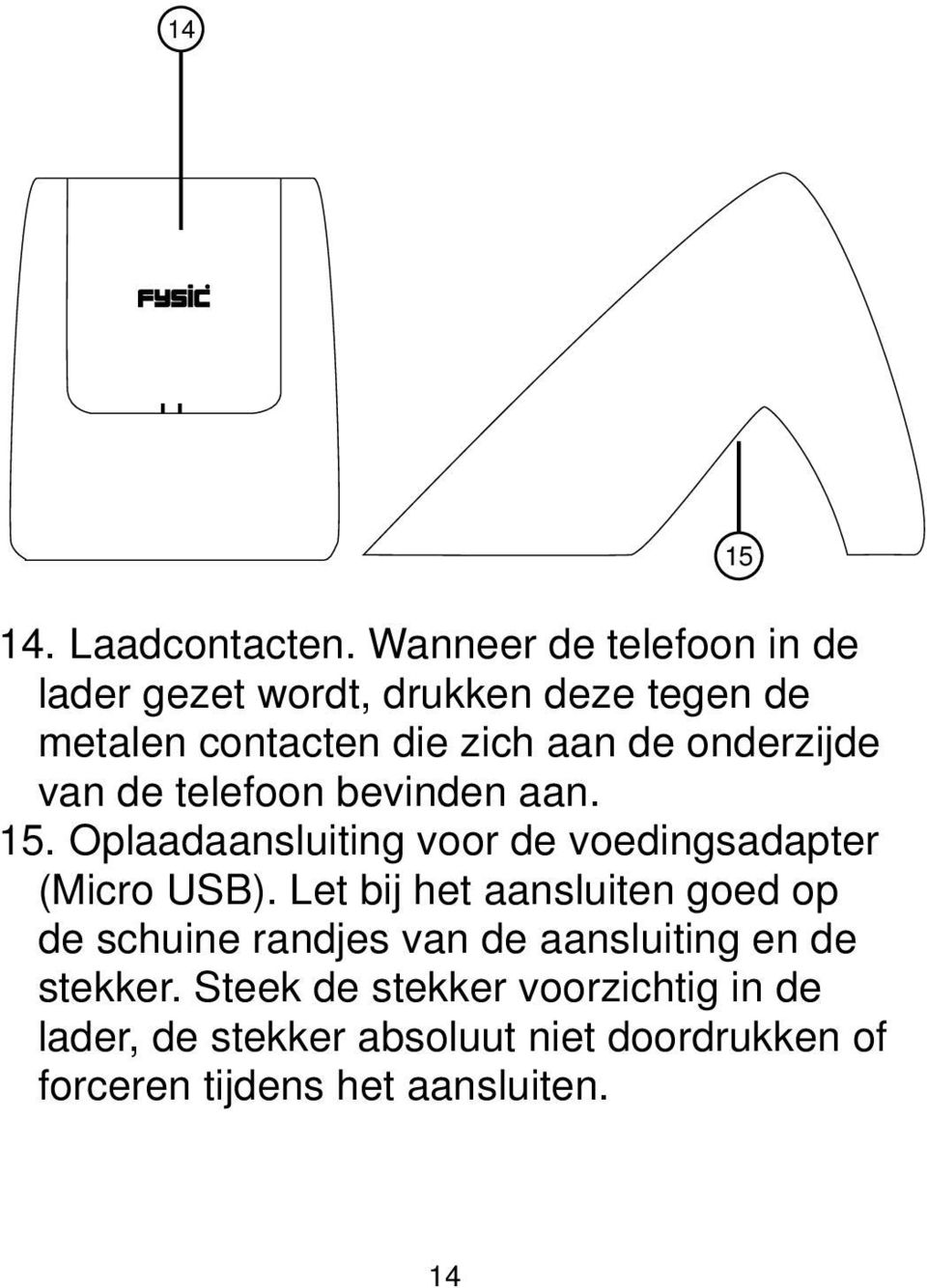 onderzijde van de telefoon bevinden aan. 15. Oplaadaansluiting voor de voedingsadapter (Micro USB).