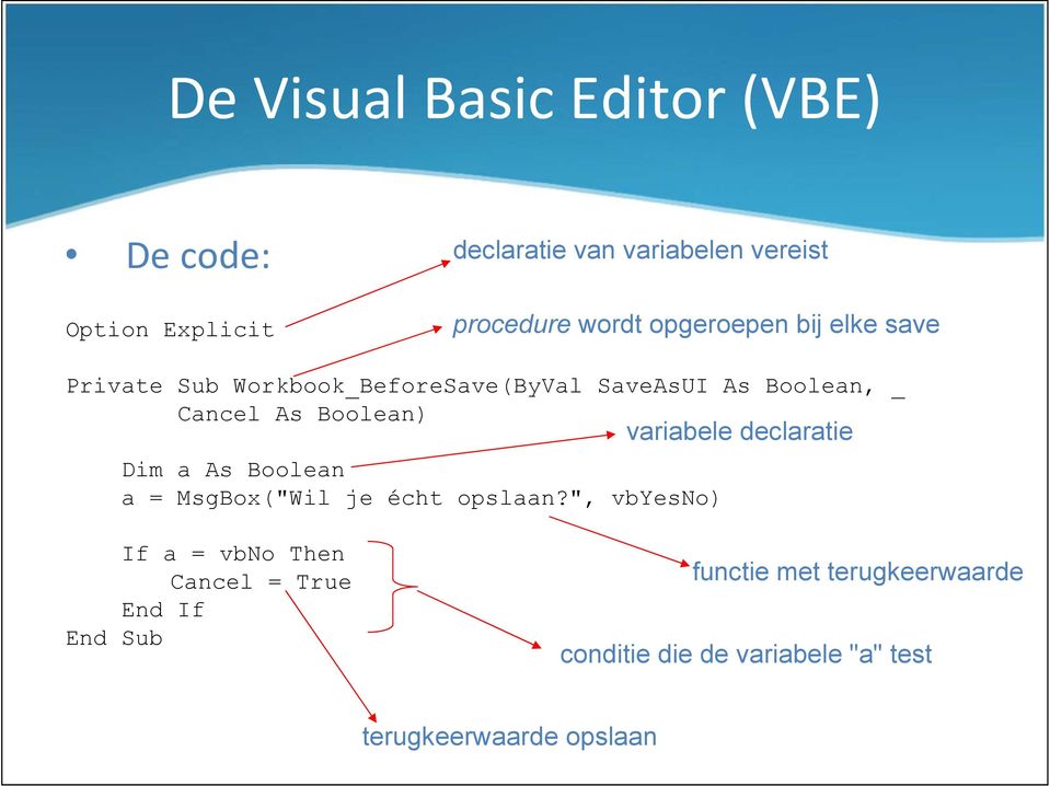 Dim a As Boolean a = MsgBox("Wil je écht opslaan?