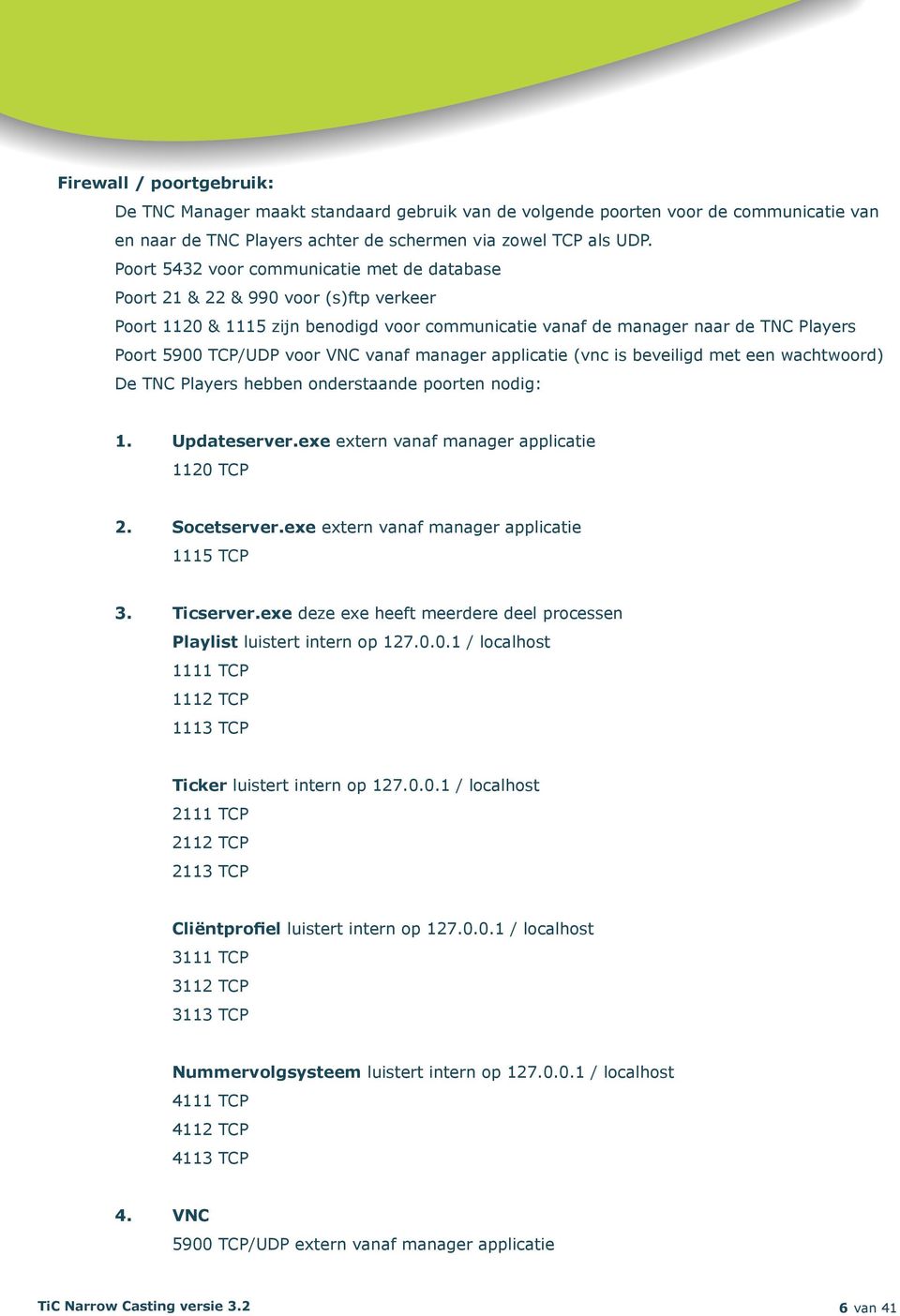 vanaf manager applicatie (vnc is beveiligd met een wachtwoord) De TNC Players hebben onderstaande poorten nodig: 1. Updateserver.exe extern vanaf manager applicatie 1120 TCP 2. Socetserver.