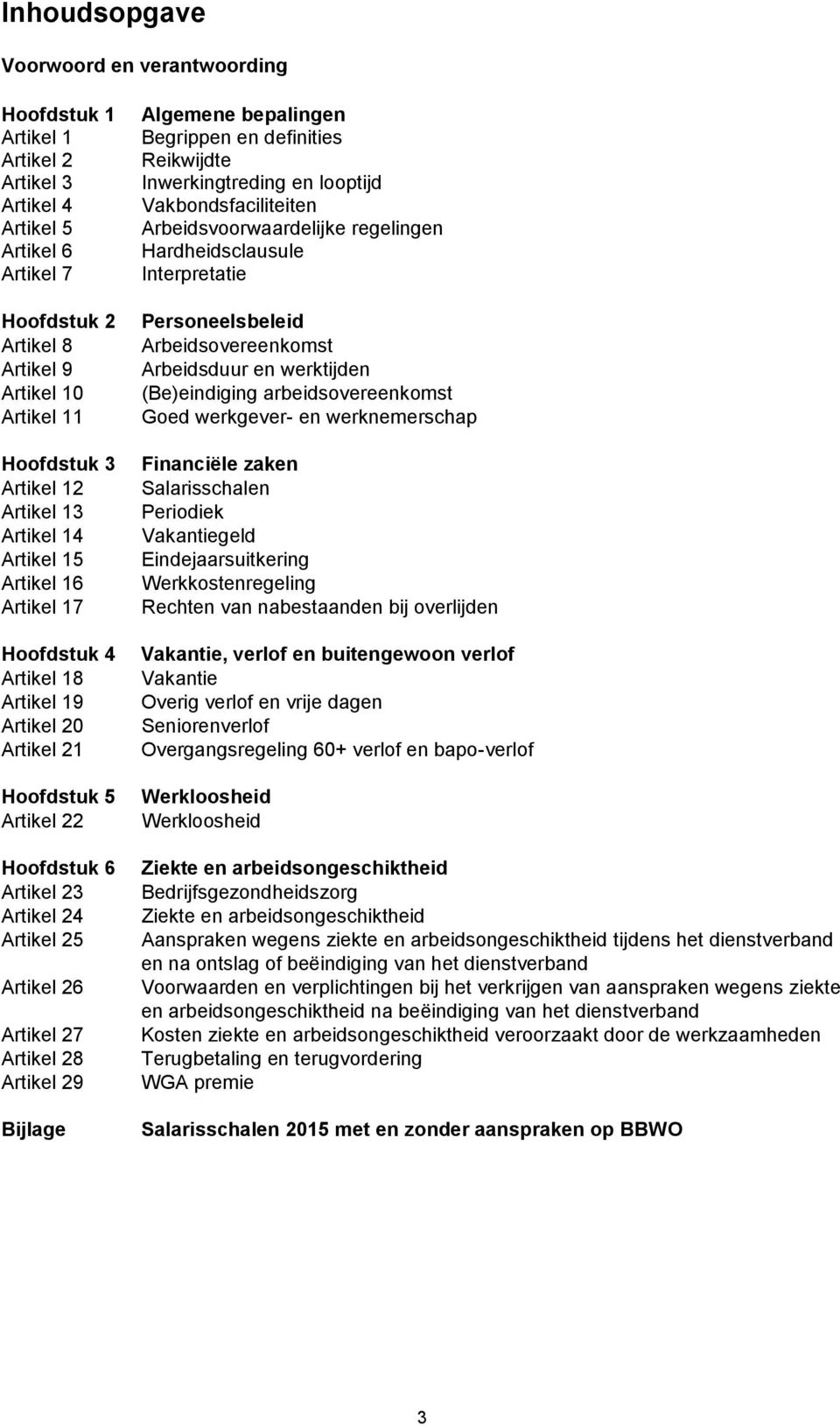 Artikel 27 Artikel 28 Artikel 29 Bijlage Algemene bepalingen Begrippen en definities Reikwijdte Inwerkingtreding en looptijd Vakbondsfaciliteiten Arbeidsvoorwaardelijke regelingen Hardheidsclausule