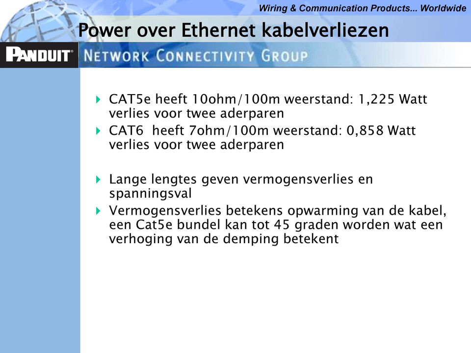 Lange lengtes geven vermogensverlies en spanningsval Vermogensverlies betekens opwarming