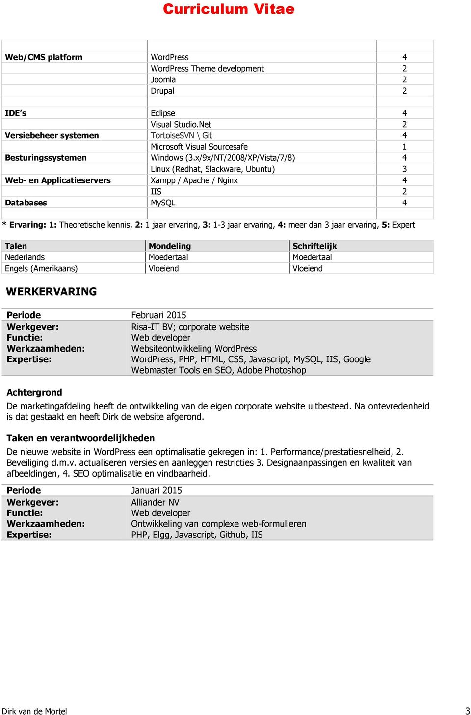 x/9x/NT/2008/XP/Vista/7/8) 4 Linux (Redhat, Slackware, Ubuntu) 3 Web- en Applicatieservers Xampp / Apache / Nginx 4 IIS 2 Databases MySQL 4 * Ervaring: 1: Theoretische kennis, 2: 1 jaar ervaring, 3: