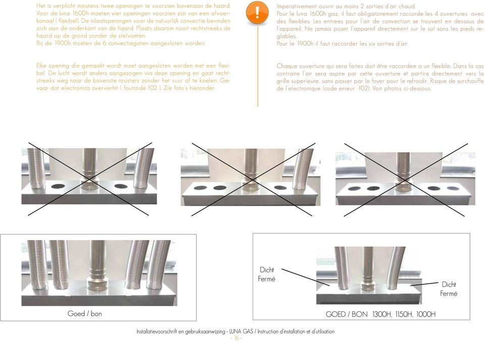 Bij de 1900h moeten de 6 convectiegaten aangesloten worden. Imperativement ouvrir au moins 2 sorties d air chaud.